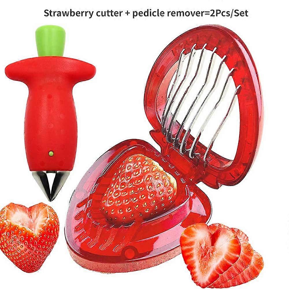 2PCS/Set Strawberry Huller Stem Remover And Strawberry Slicer Set, Potatoes Pineapples Carrots Tomato Corer Slicer, Cherry Pitter, Stainless Steel Kit