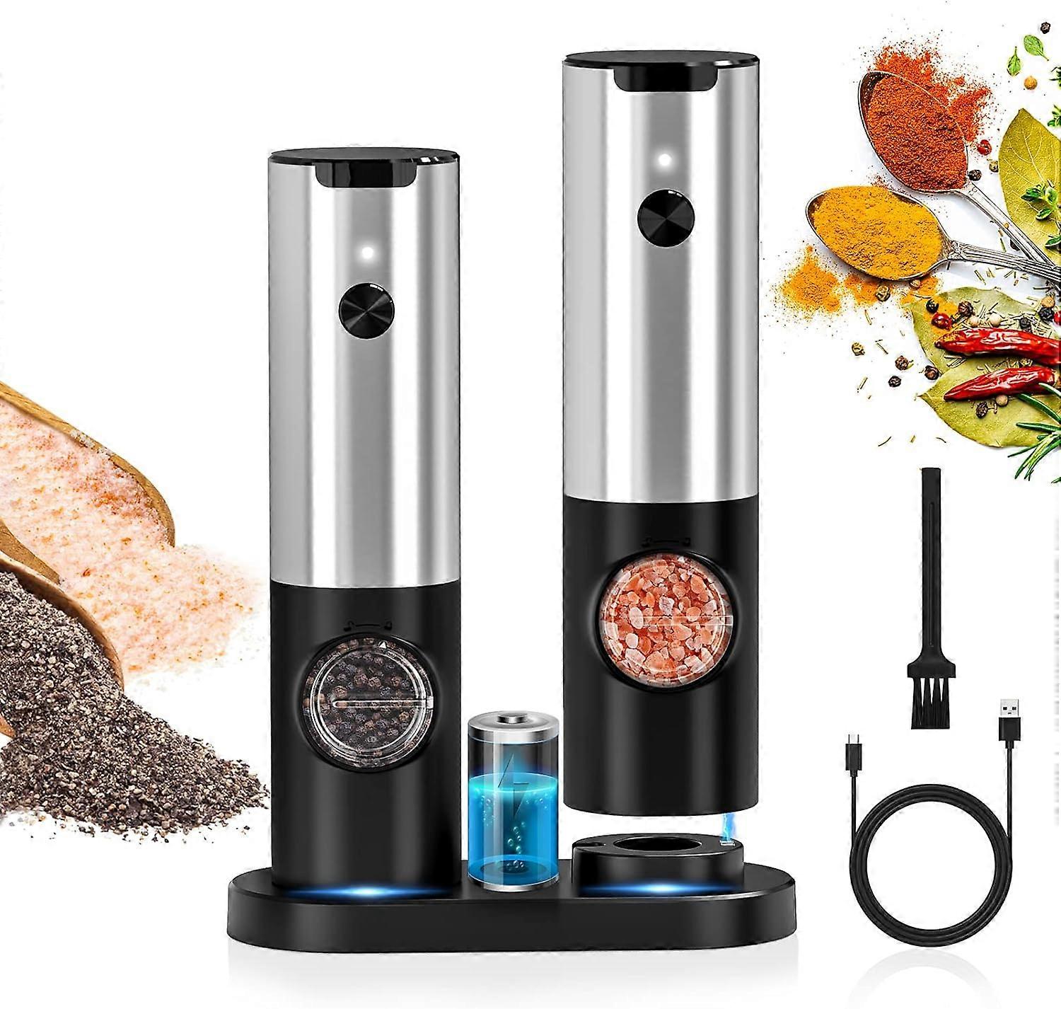 Electric pepper mill with double charging base, LED light, automatic salt and pepper mill