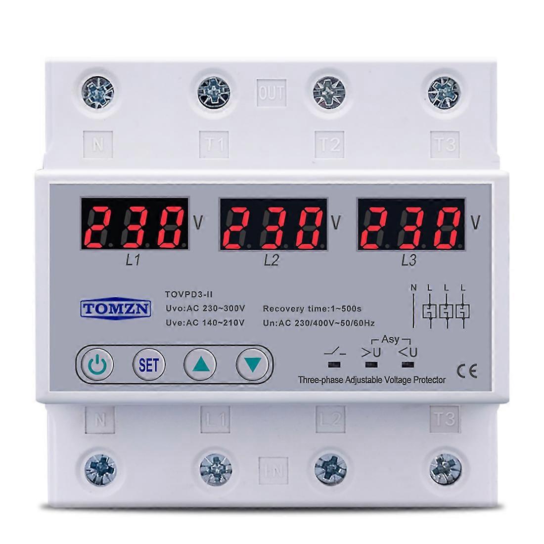 Three Phase Adjustable Over and Under Voltage Protector Automatic Protective Device Reset 63A 380V