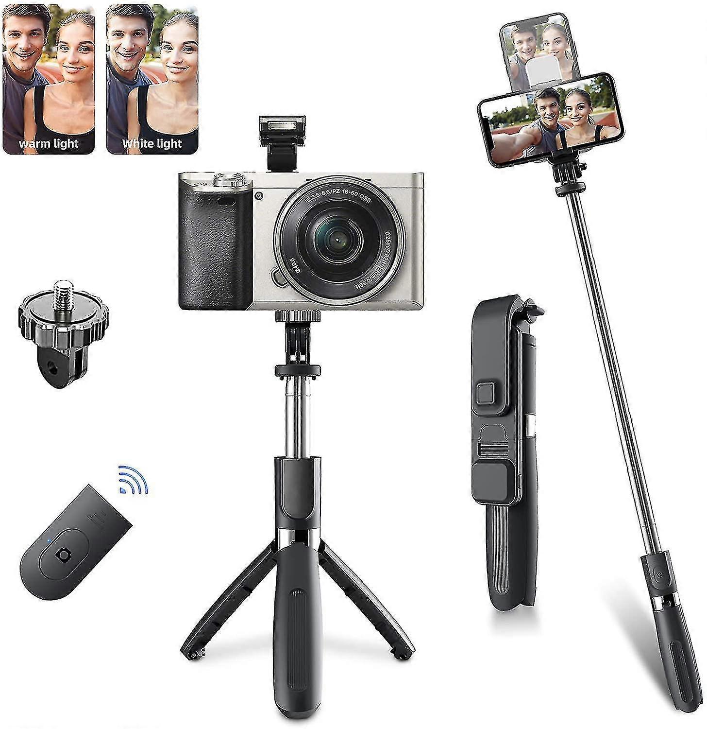Selfie Stick Tripod, Build In Lights & Compact Selfie Stick With Detachable