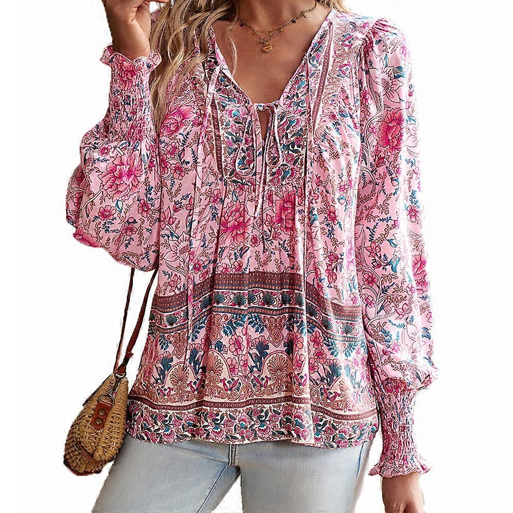 Temperament scollo a v camicetta manica lunga camicia stampata donna-rosa-M