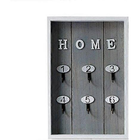 Wooden wall key box with 6 hanging hooks for keys gray