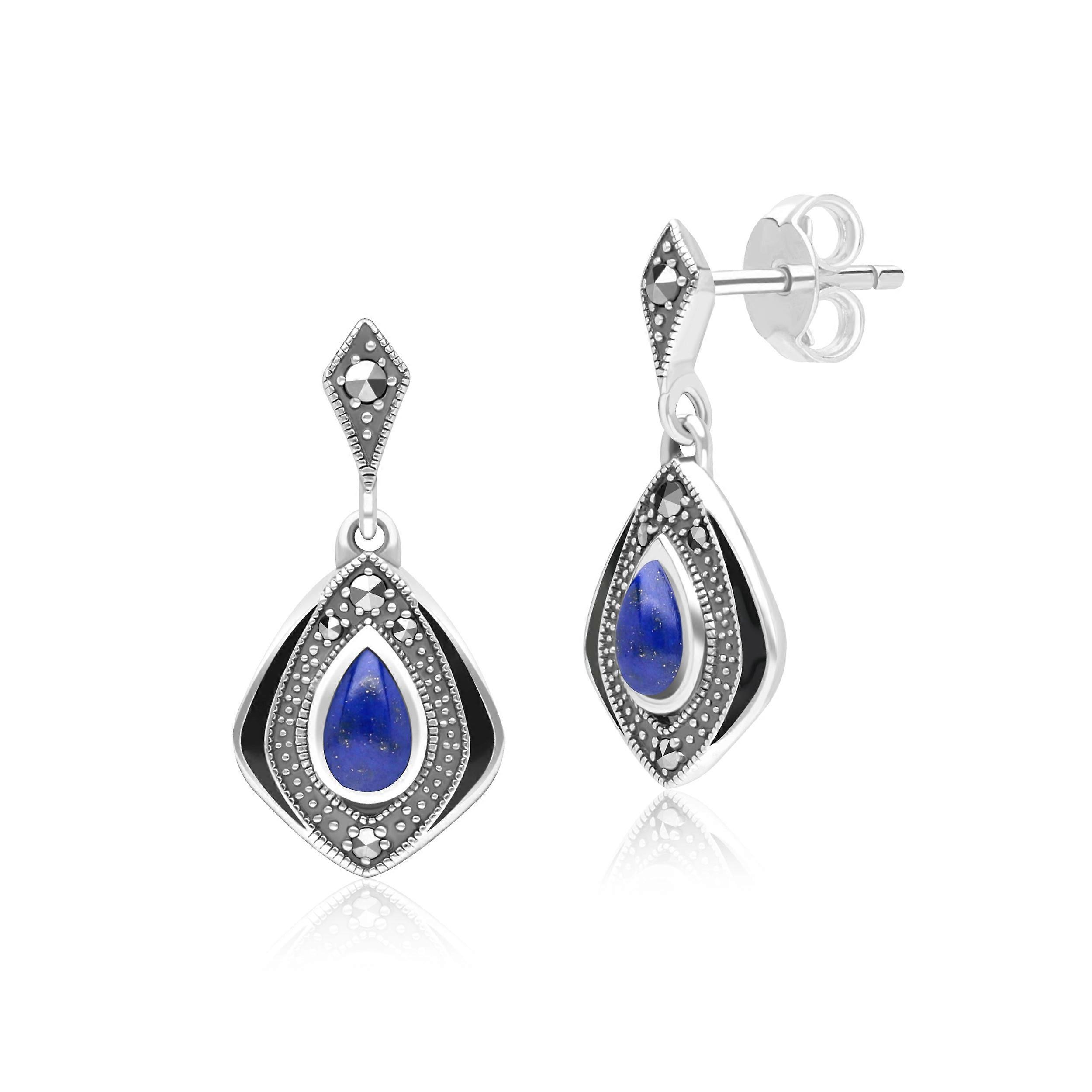 Art Deco Style Kite Lapis Lazuli and Marcasite Drop Earrings in Sterling Silver