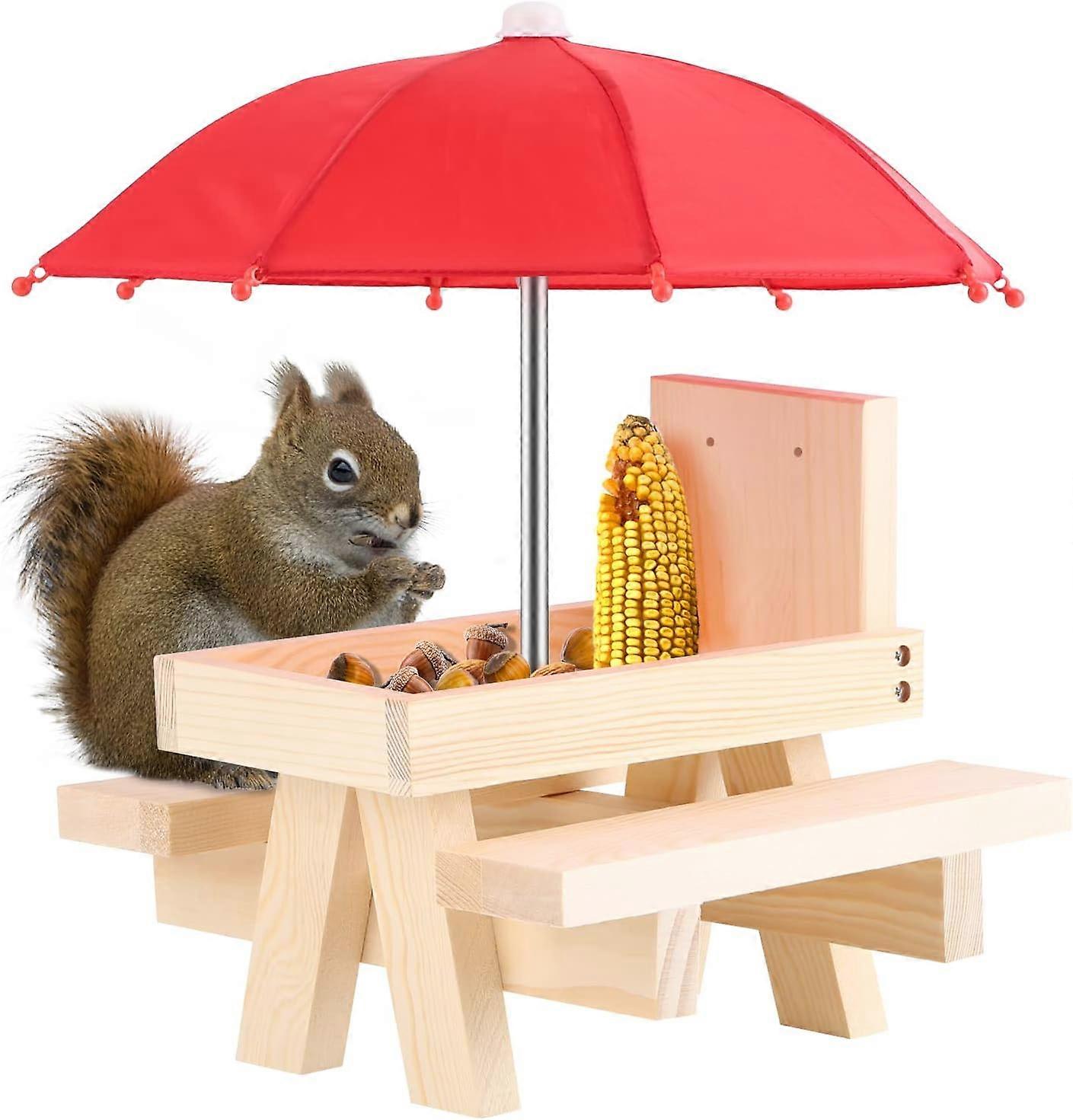 Squirrel FeederTable,Wooden Squirrel Table Feeder with Umbrella & Corn Cob Holder for Squirrel Chipmunk Wildlife Bird Feeder