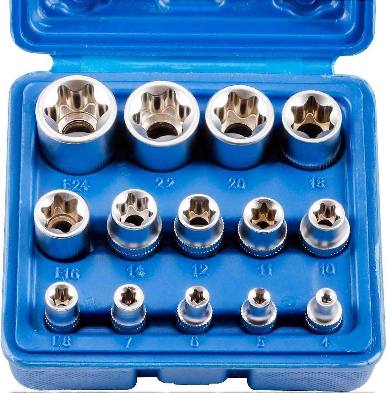 14pcs E-Torx Star Socket Set, 1/4, 3/8, 1/2", E4-E24 Female External Star Socket Set with Blue Case