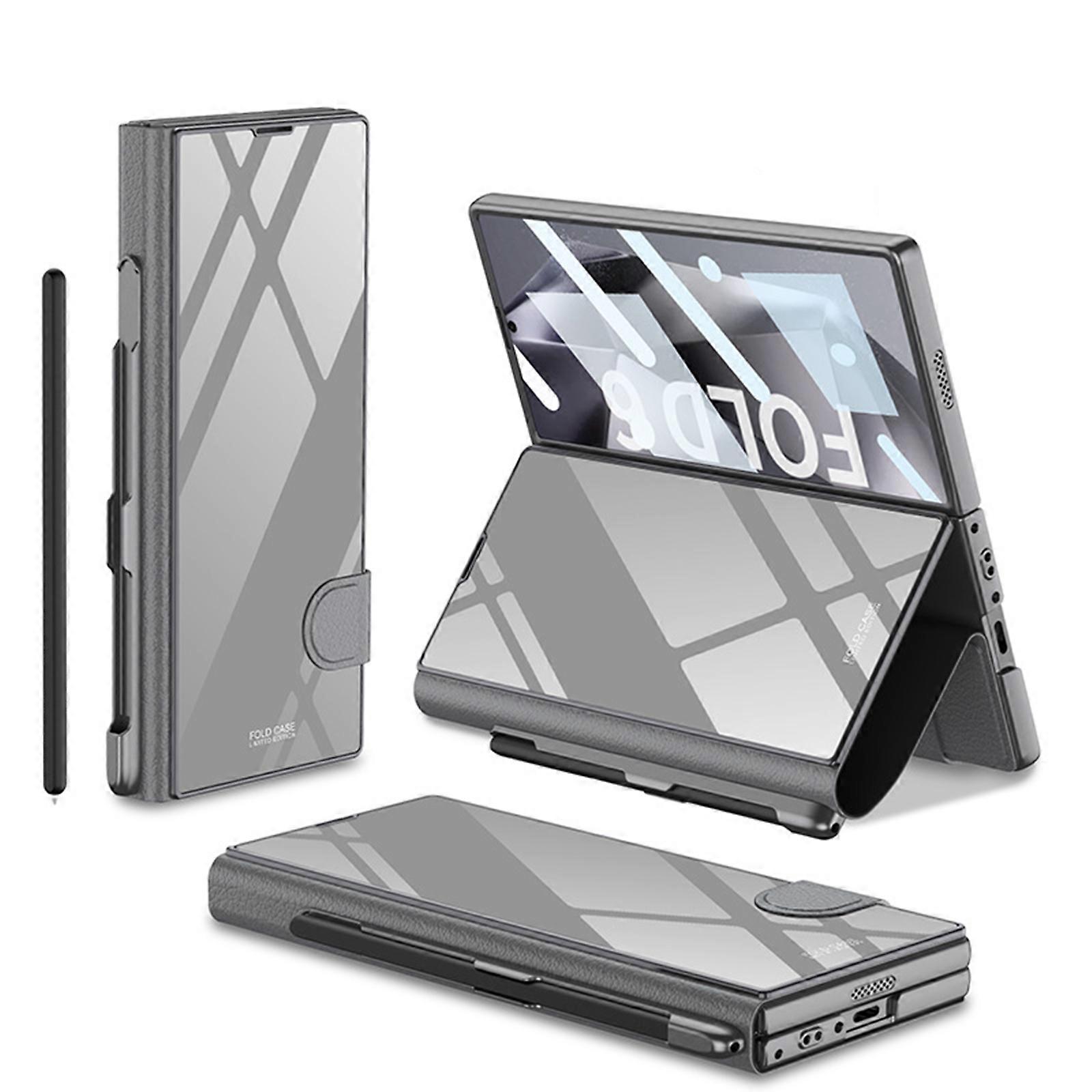 for Samsung Galaxy Z Fold 6 Case with S-Pen Pocket, Colorful Plating Glass Crystal Hybrid Leather Built-in HD Screen Protector All-Inclusive Case Case