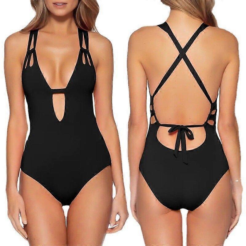 Maillot de bain une pièce à col en V pour femmes Lace Up Monokini maillot de bain une pièce dos ouvert de couleur unie - Noir