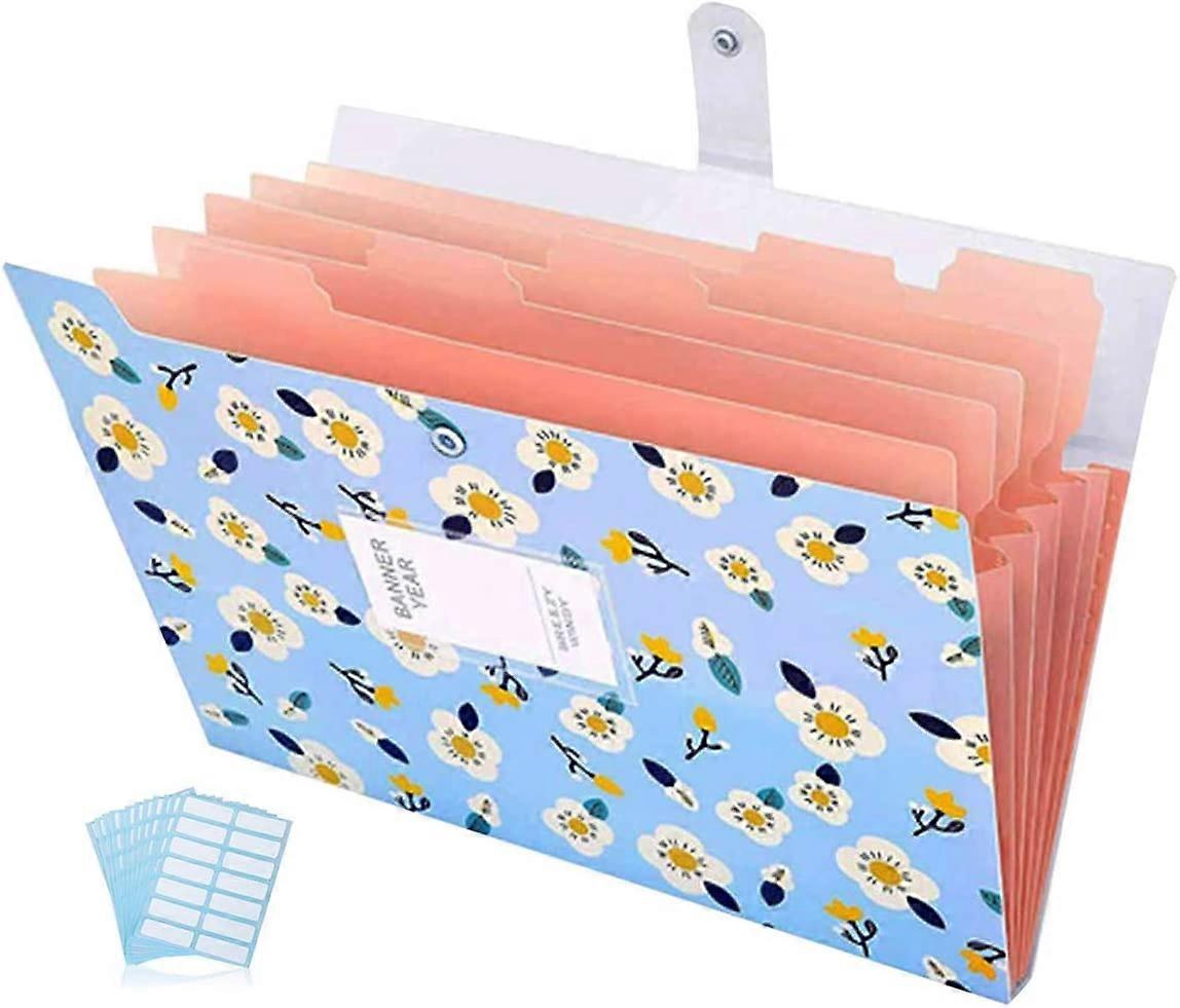 Floral Printed Expanding File Folder with 6 Pockets Accordion Document File Organizer (Blue)