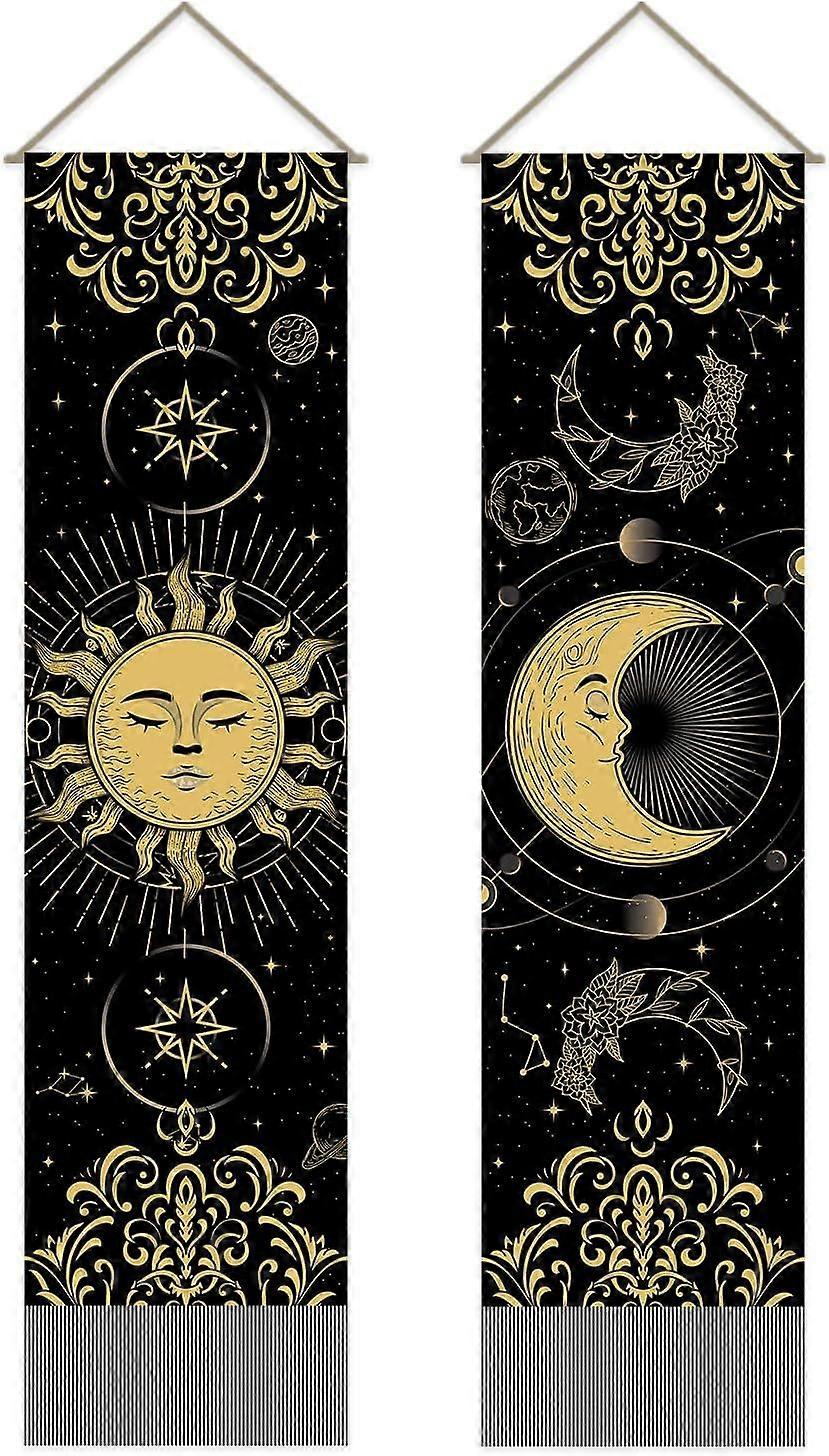 Pack of 2 Sun & Moon Tapestries Constellation & Universe Tapestry Mystical Black & Gold Color Matching Sun & Moon Tassel Tapestry Wall Hanging for Roo