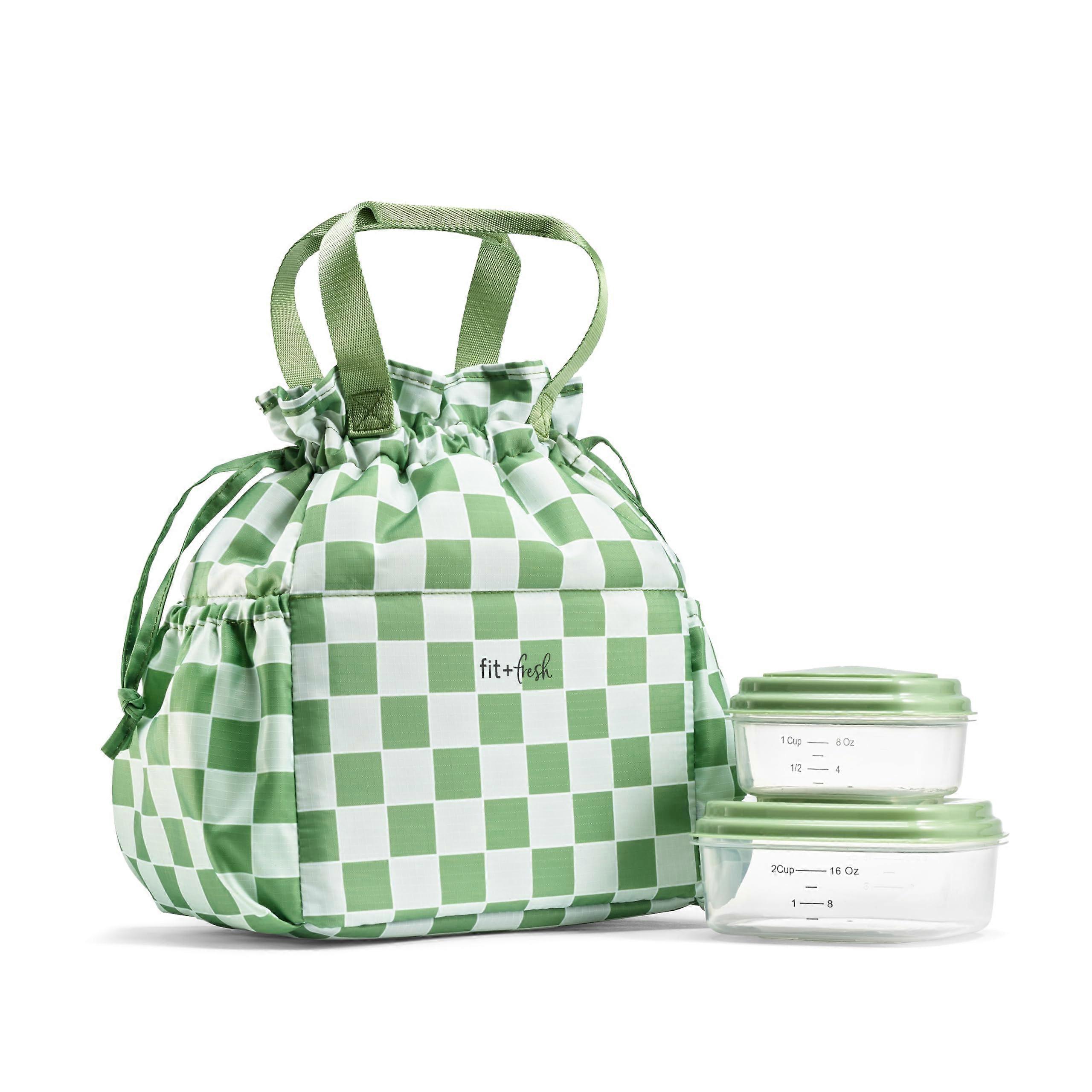 Insulated Lunch Bag For Women, Cromwell Pistachio Checker Board, Large Capacity Box With Containers, Cinch Closure