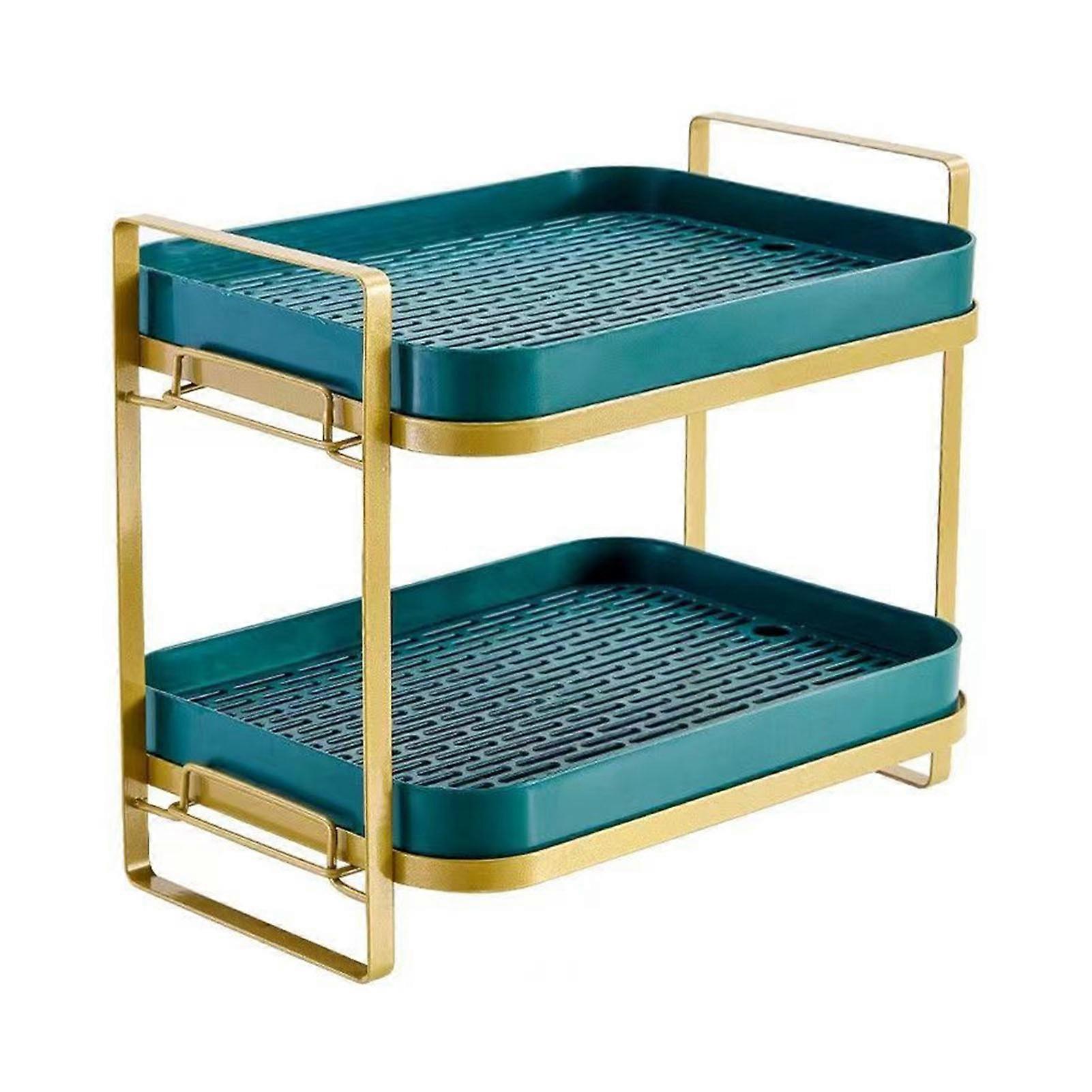 Cups Mugs Drying Rack with Drain Tray 2 Tier Countertop Storage Shelf for Home Kitchen Gold and Green