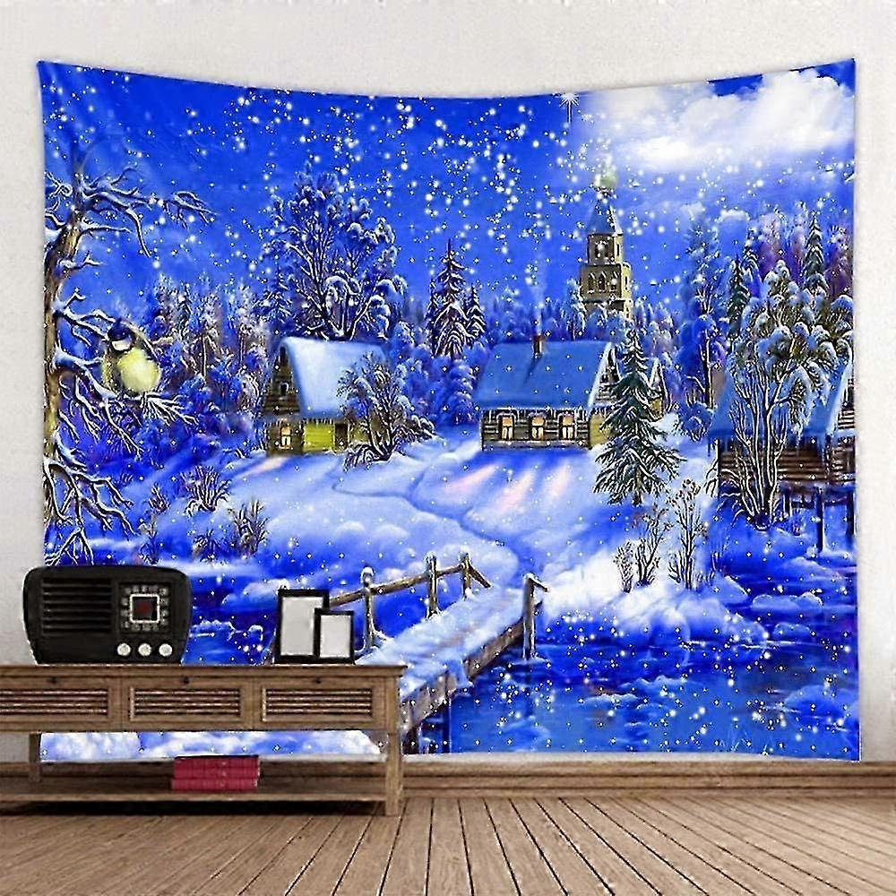 Snowy Night Village Landscape Tapestry Christmas Day Atmosphere Scene Wall Hanging Cloth Decor 150x130cm/59*51in