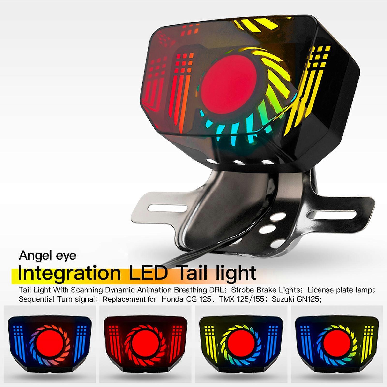 LED Tail Light with Scanning Dynamic Animation Breathing DRL, Motorcycle Strobe Brake Light License Plate Lamp Replacement for Honda CG, CD, CT, PH T