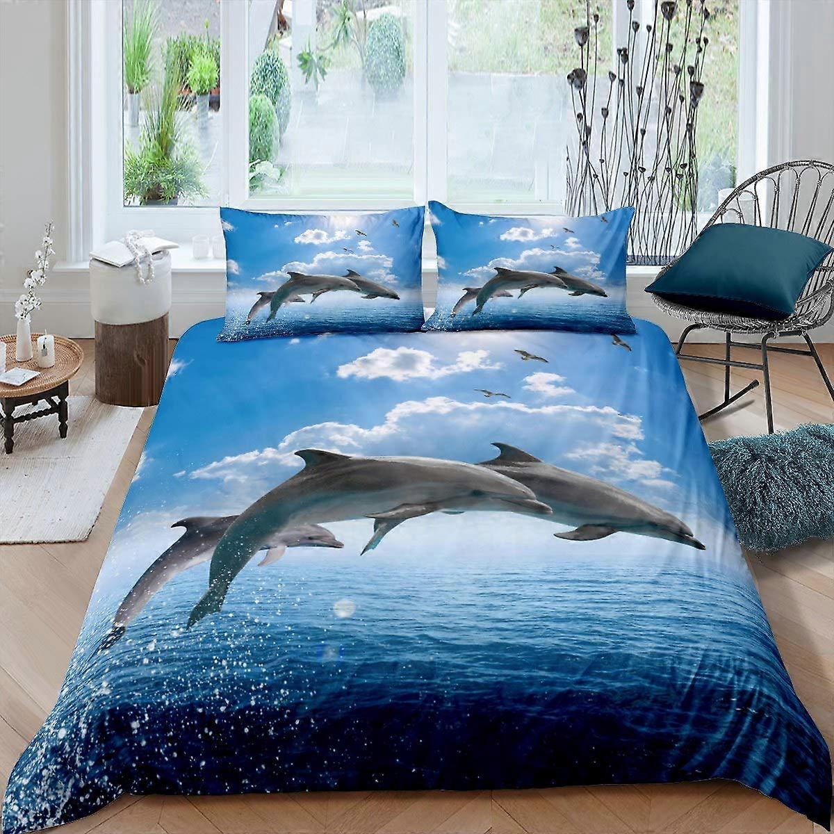 3 Pieces Comforter Cover Set with Dolphin Marine Ocean Creature Sea Animal Pattern 3D Dolphin Print for Room Decor King Size