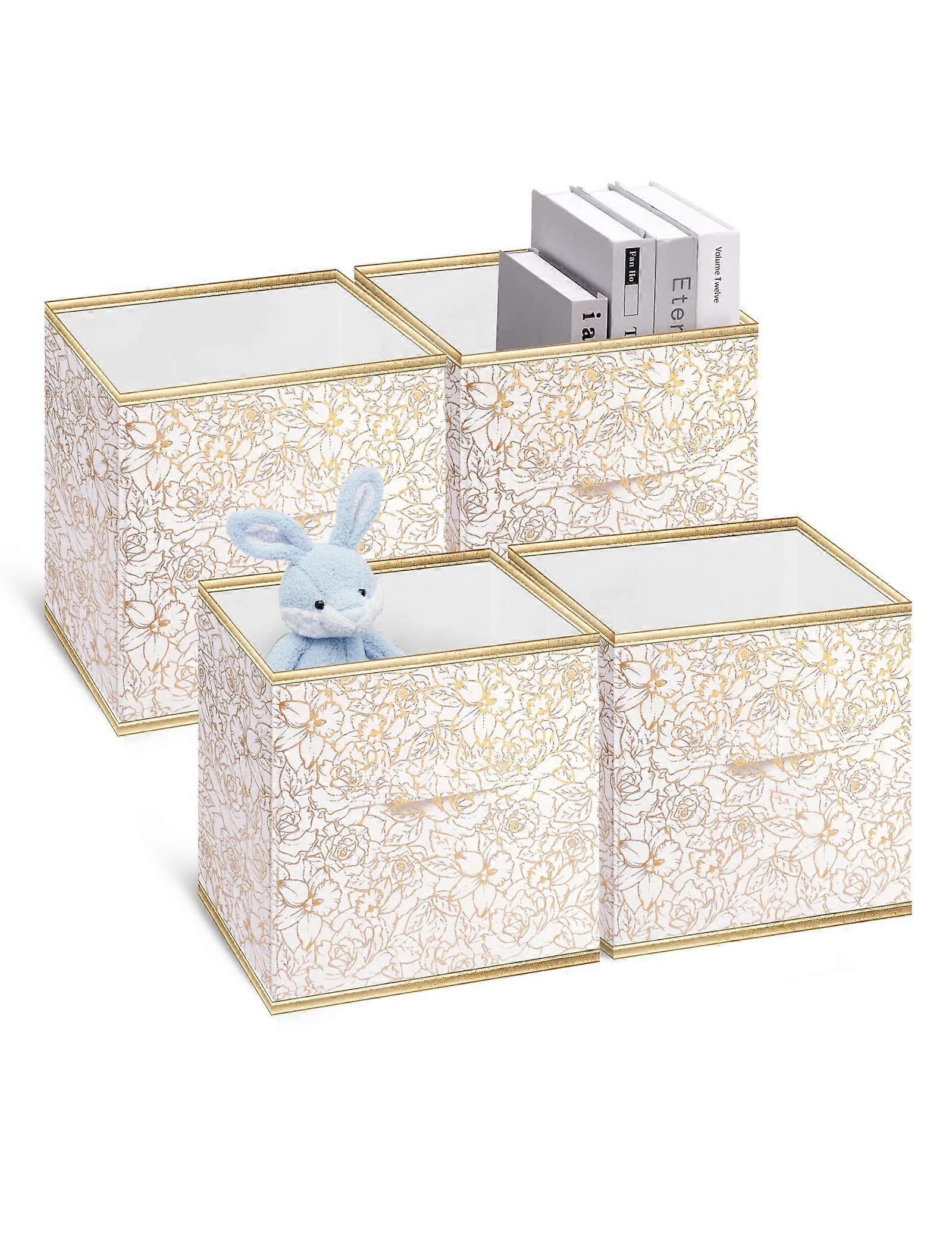 Collapsible Storage Cube Bins 11 Inch Fabric Organizer - Gold Flower Decorative Baskets with Dual Handles, 4-Pack