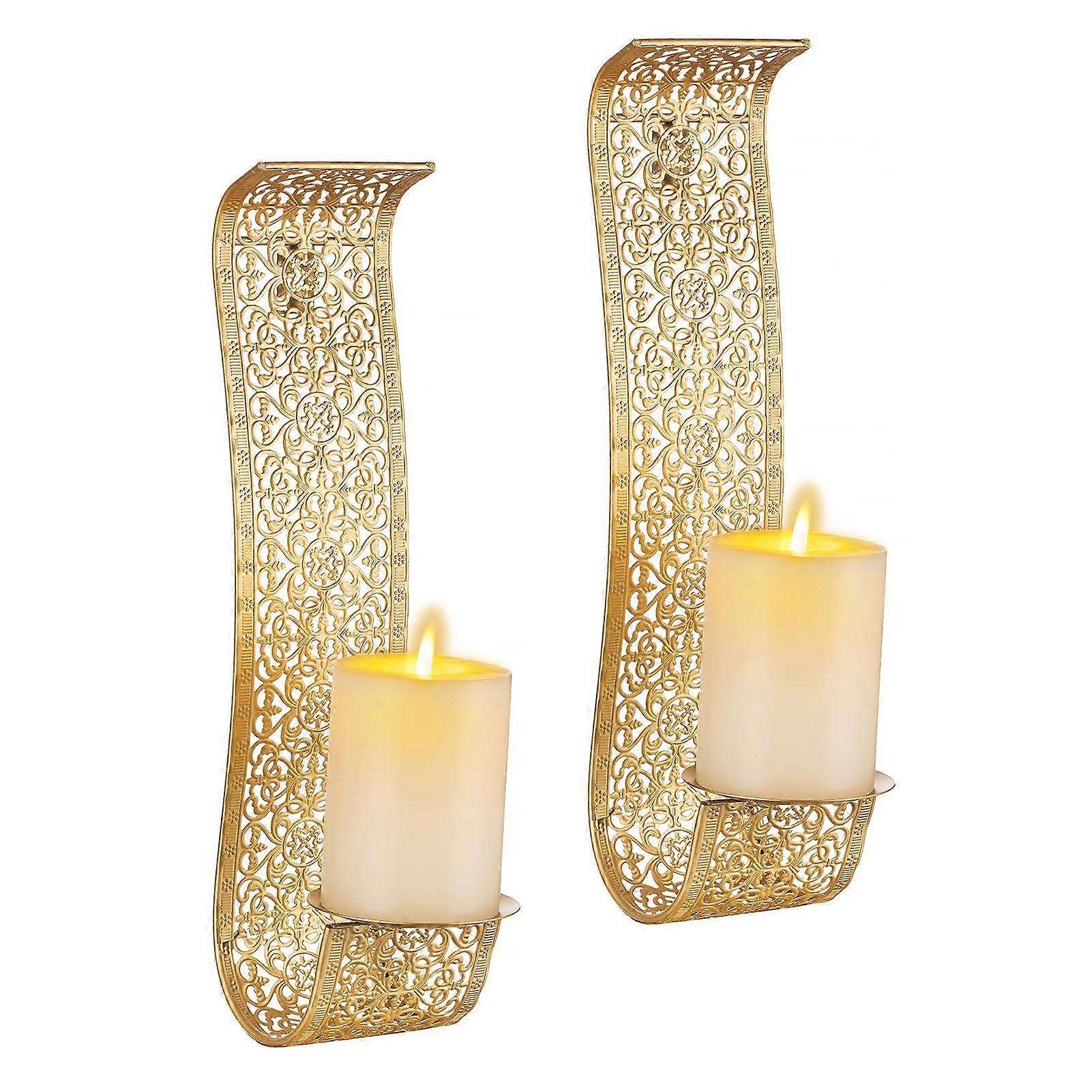 Gold Scroll Metal Candle Holder Sconces - 2 Set Farmhouse Wall Decor for Fireplace and Kitchen, Decorative Wall Art