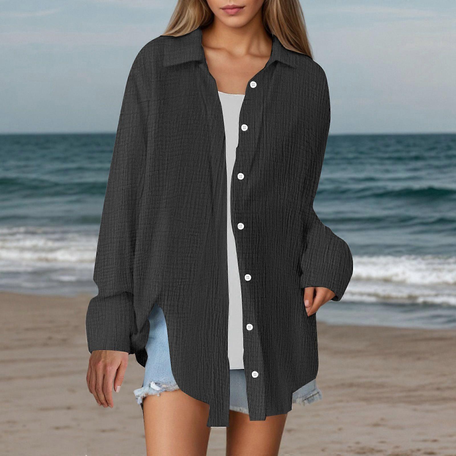 Summer Lightweight Cardigan Shirt for Women Casual Loose-Fit Long Sleeve Button Down Blouse Breathable Cotton Top Sizes S2XL