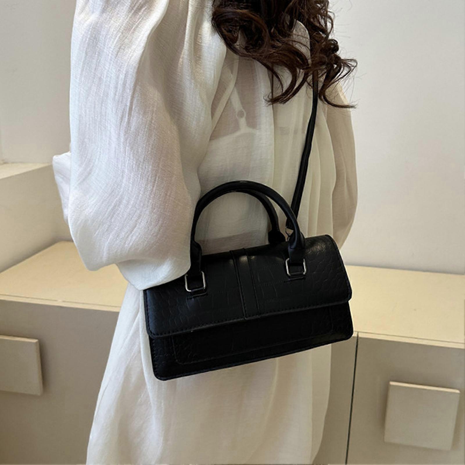 Women Embossed PU Leather Shoulder Bag Black Adjustable Strap