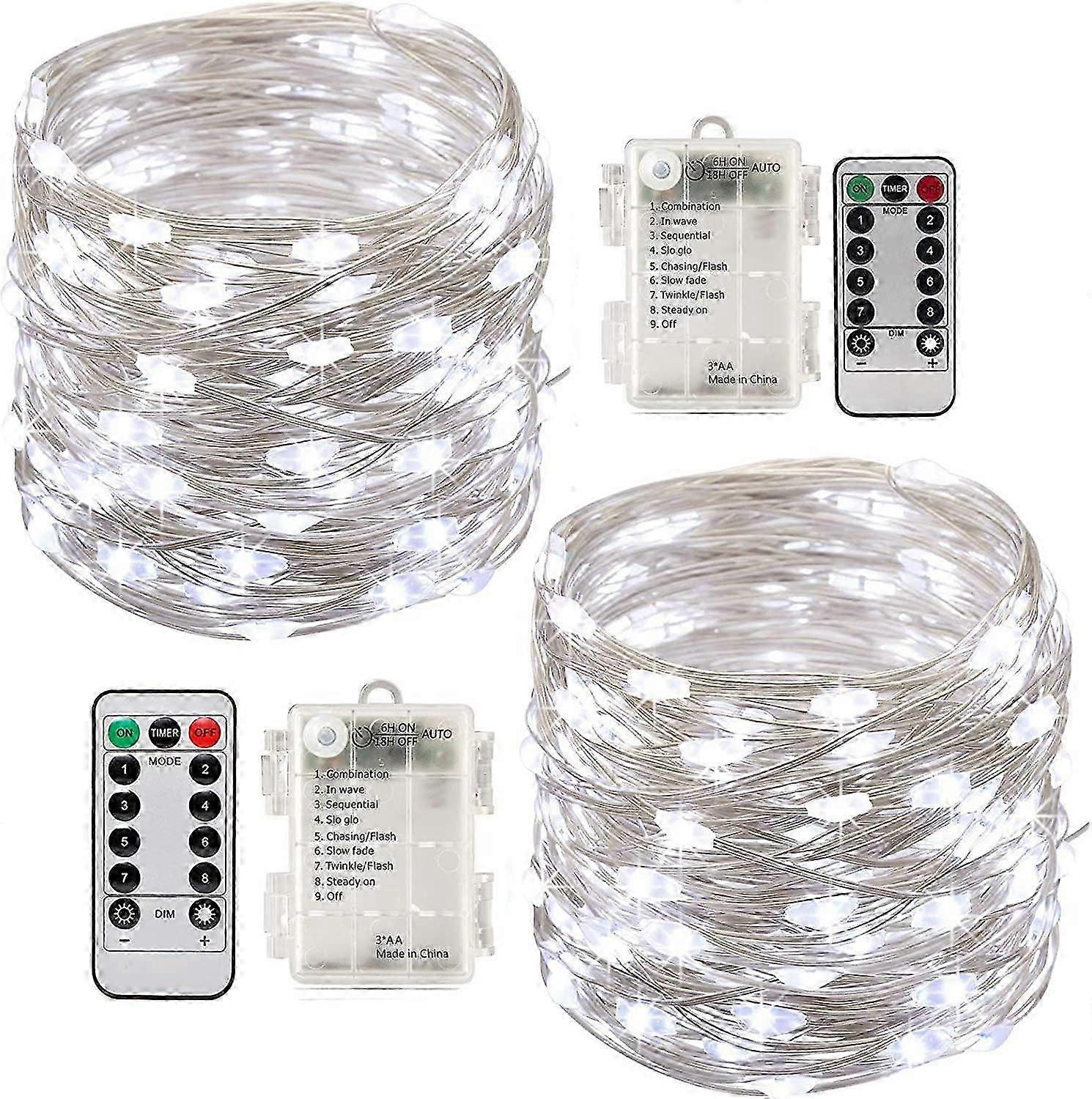 2x10m Battery Operated LED String Lights 100 LEDs Timer Function Remote Control IP65 Waterproof(White)