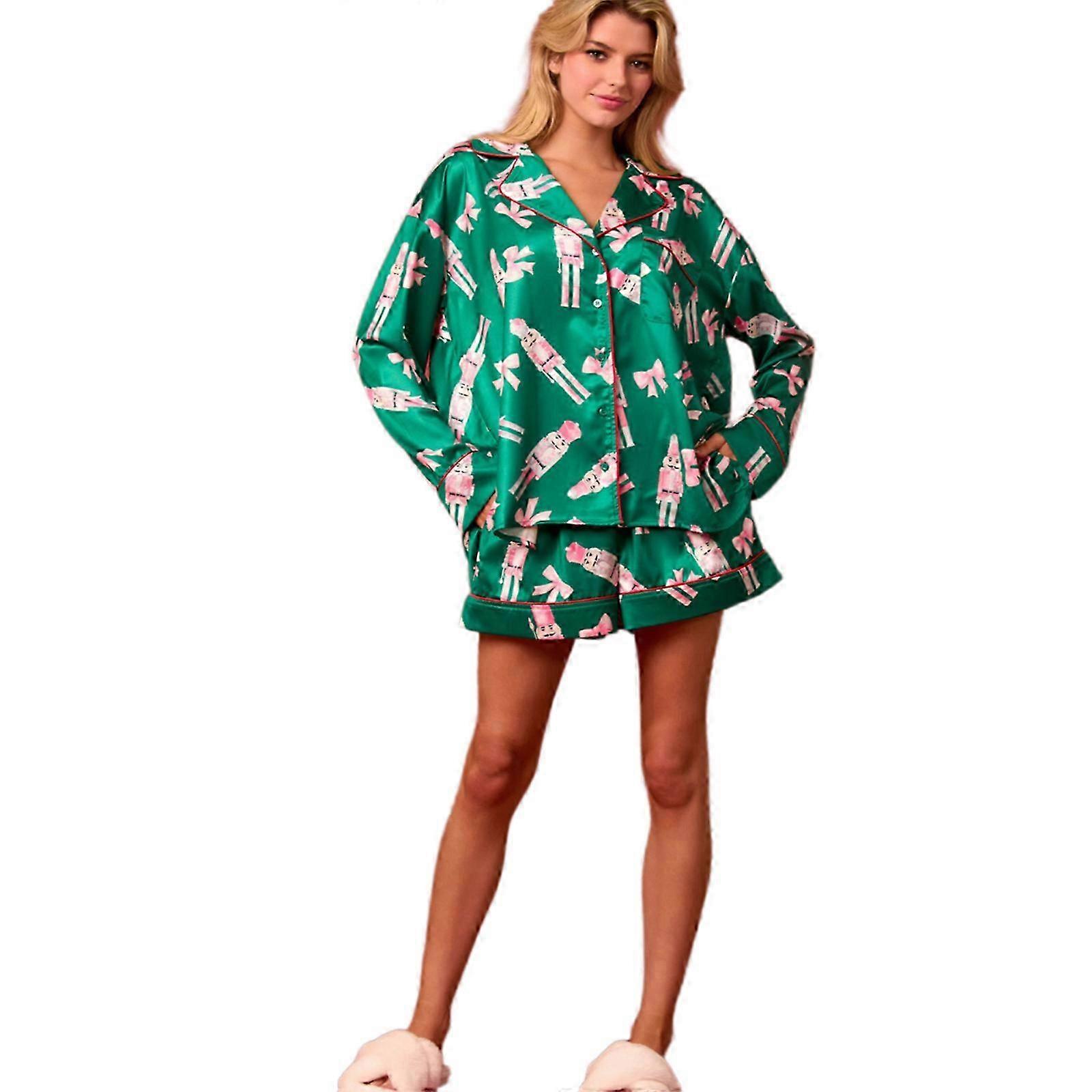 Weibliche Satins Nachtwäsche Outfit mit langen Ärmeln Button-Down-Hemd Top und Shorts Weihnachten Nussknacker Print Pyjamas Set rosa rot 2X