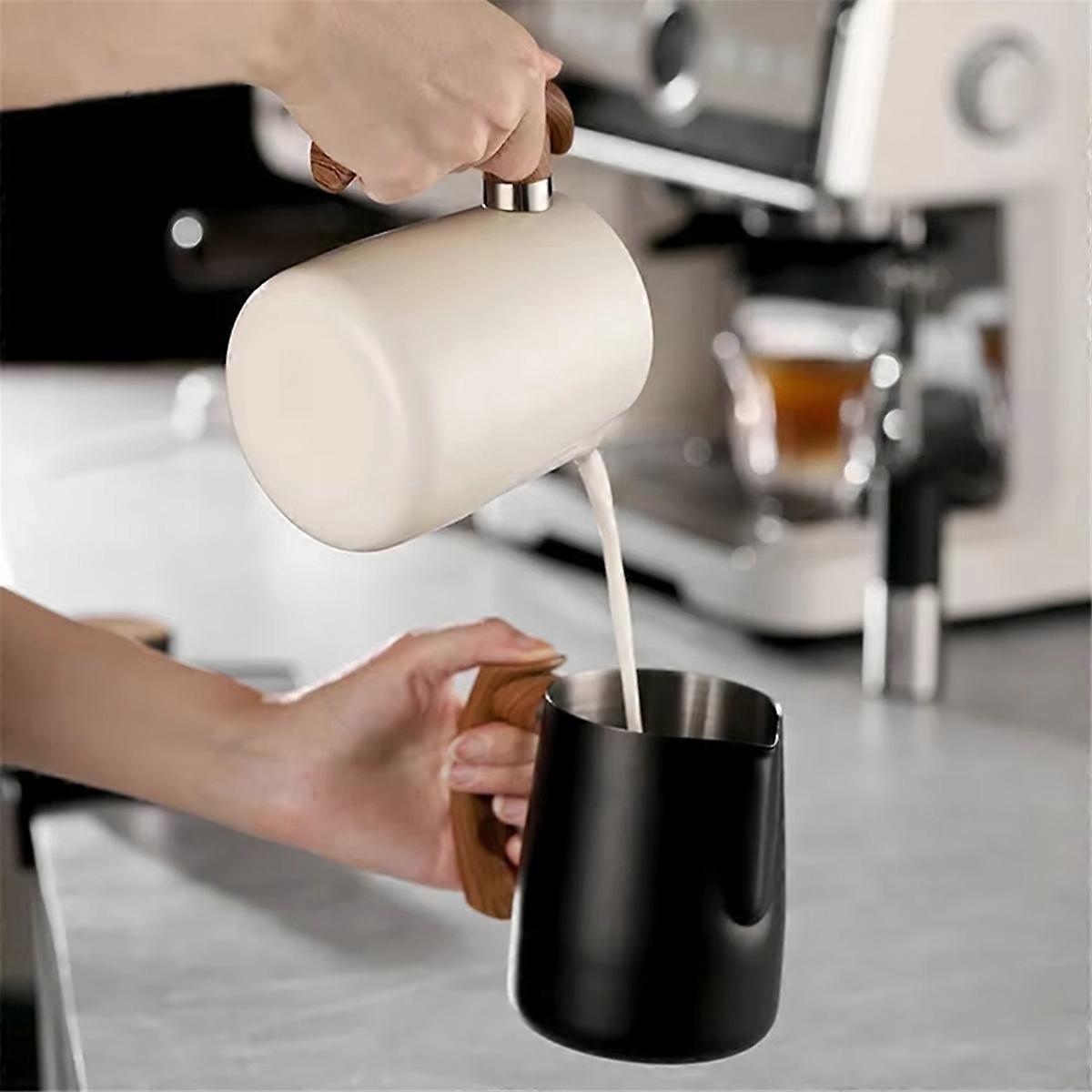 Espresso Milk Frothing Pitcher Wooden Grain Handle Milk Jug Silver