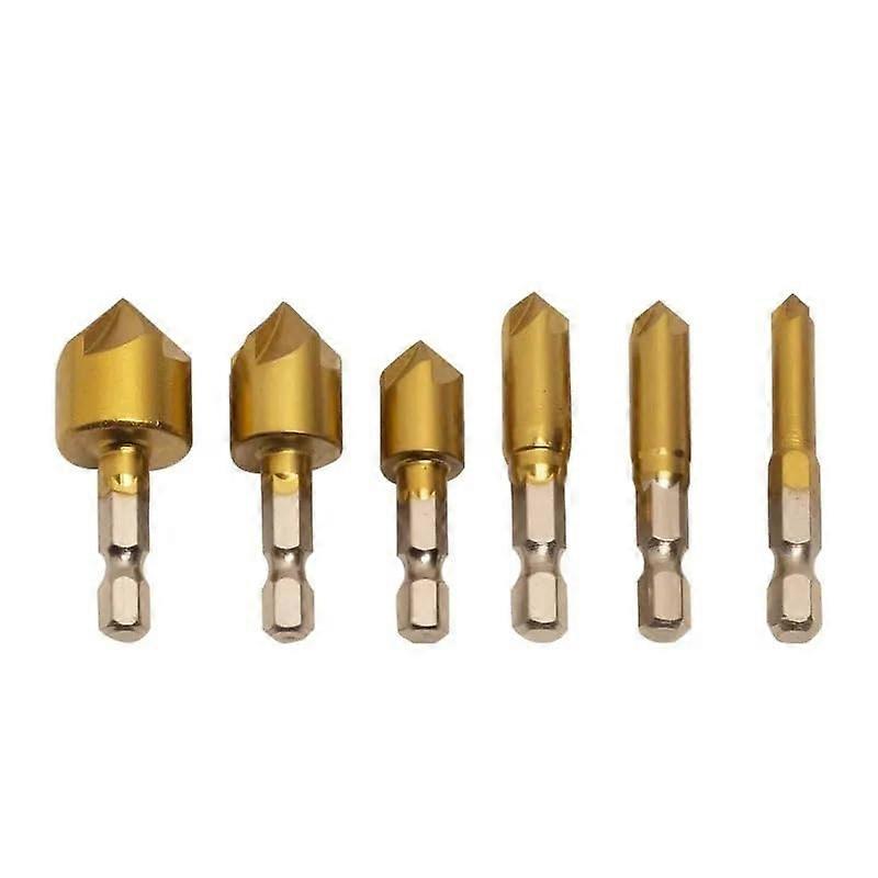 6PCS Hexagon Shank TitaniumPlated Five Flute Chamfering Cutter 1/4'' Hexagon Shank Reaming Chamfer 12mm16mm19mm Punching Tool
