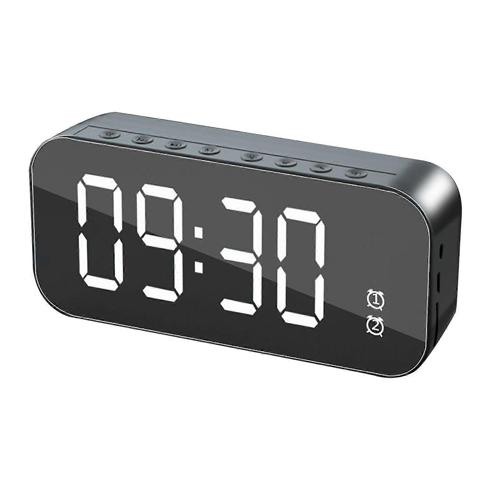 Black Portable Bluetooth Alarm Clock Speaker with Mirror Display and Large Volume