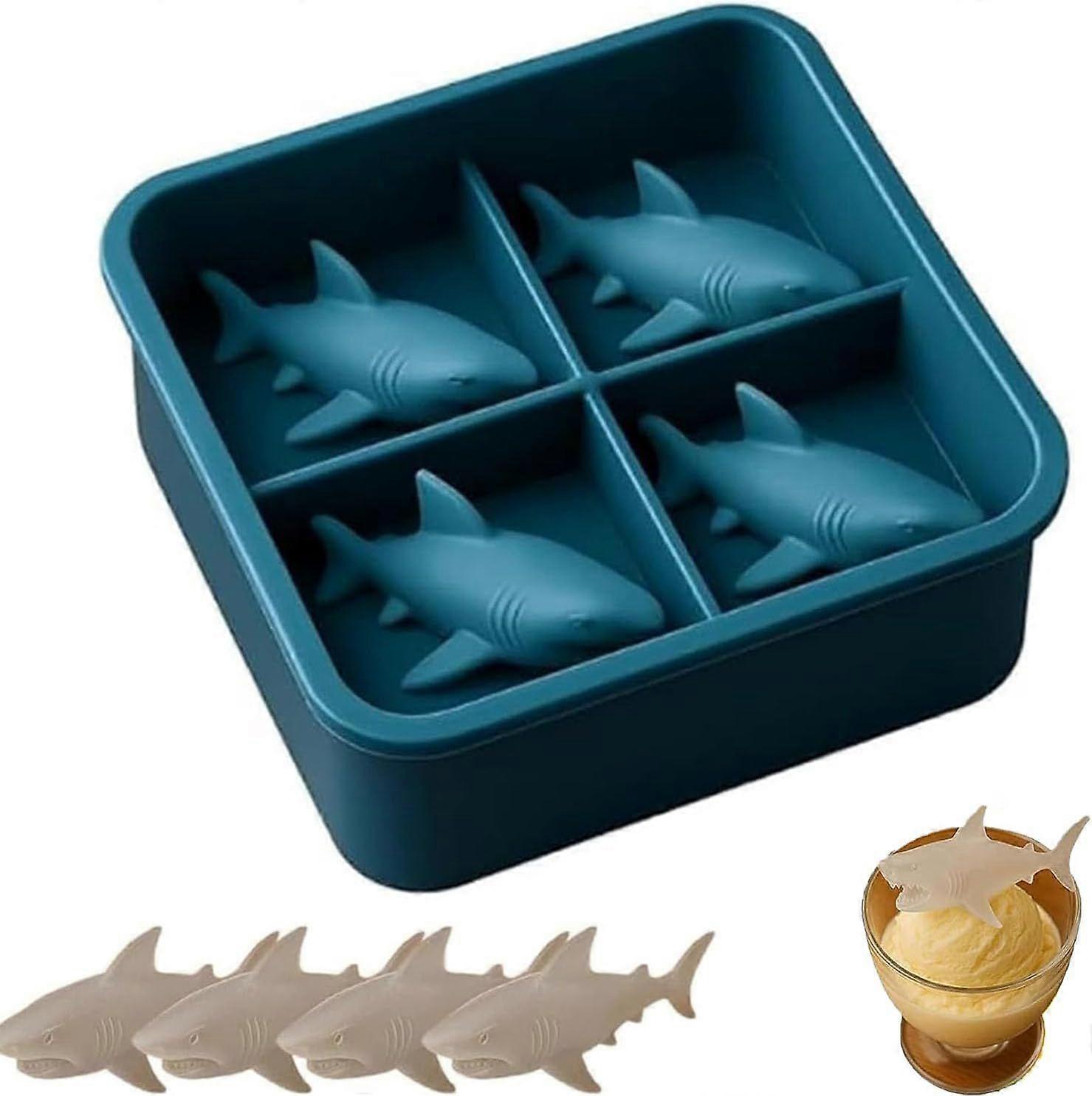 Shark Silicone Ice Mold, Reusable Small Animal 3D Ice Cube Tray for Freezer, 4 Cavity Fun Easy-Release DIY Mould Suitable for Whiskey Juice Cocktail C