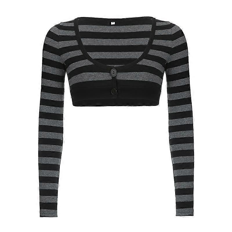 Women Retro Short Style Striped U Neck Two Buttons Top Contrast Navel Long-Sleeved Crop Top T-Shirt