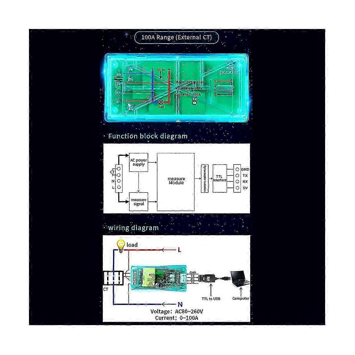 100A PZEM 004T 3.0 Wattmeter+Open CT+TTL To USB Cable Kwh Meter Volt Amp Test Module for TTL COM2/C