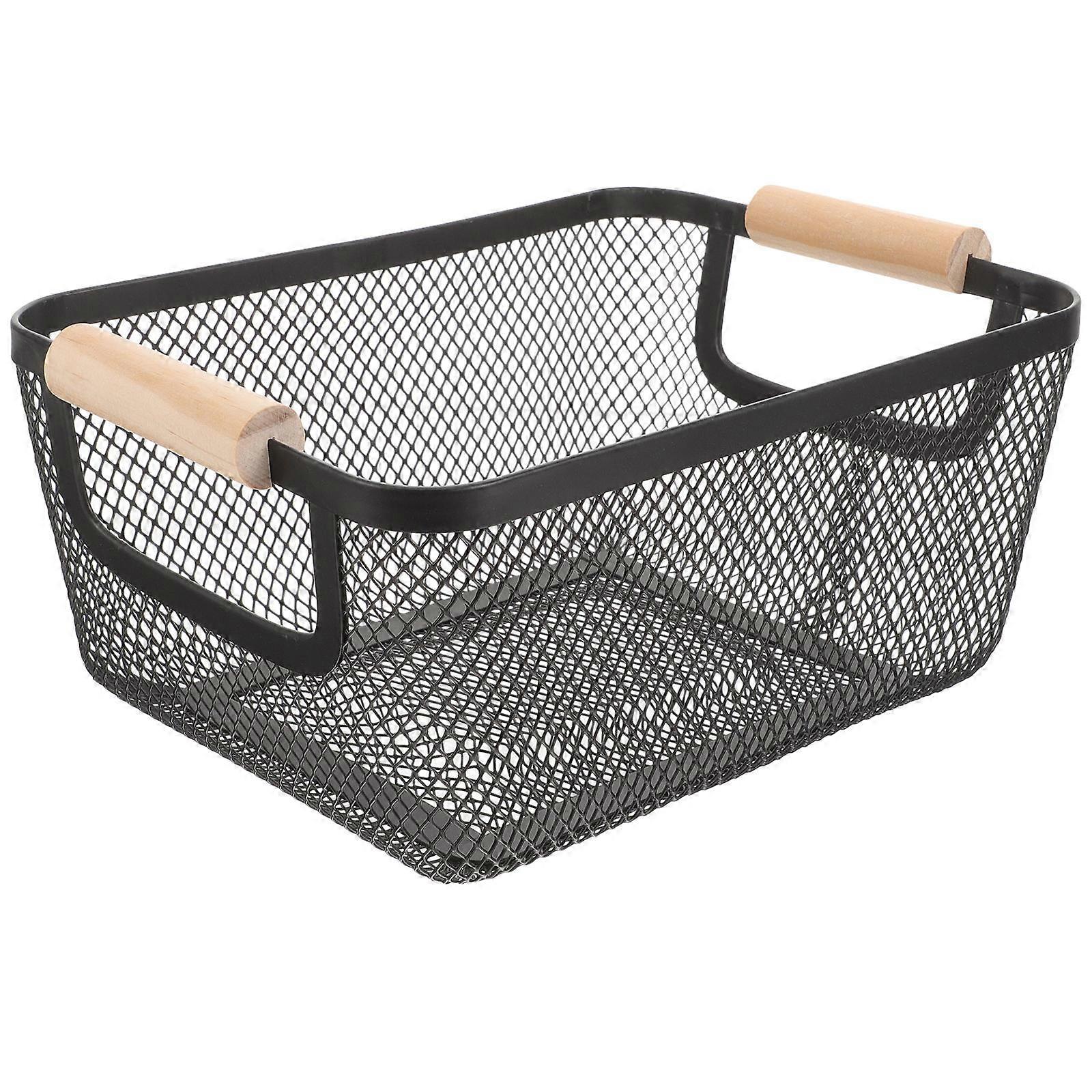 Compact Metal Wire Basket with Wooden Handle, Rectangular Iron Mesh Storage Bin for Bathroom, Kitchen or Bedroom, Scandinavian Style Home