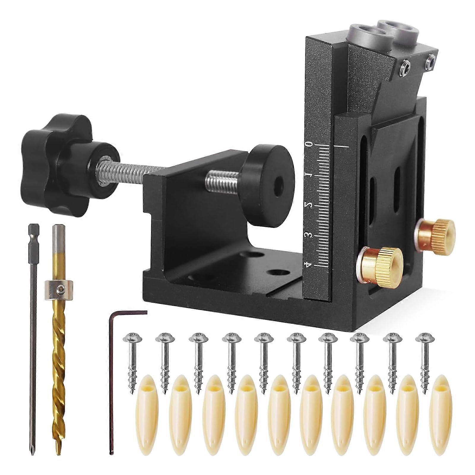 Pocket hole jig for precise woodworking with adjustable drilling guide and dowel templates to ensure secure joint construction.