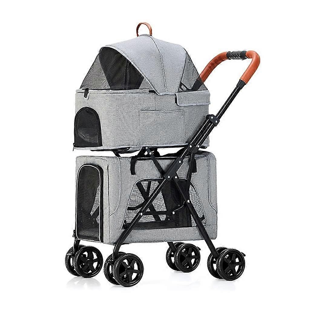 Double Dog Pram, Cat Pram for 2 Pets, Foldable Double Layer Trolley, Breathable Removable Carrier, Grey Color