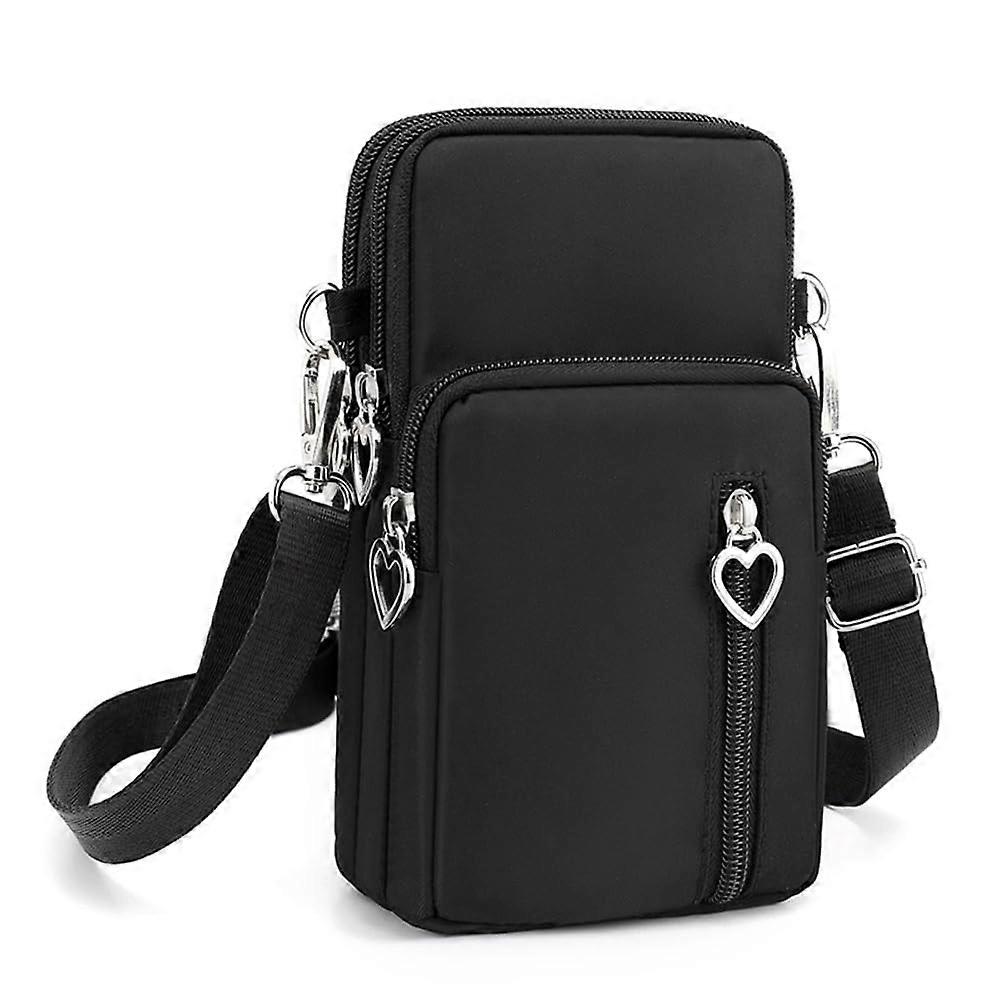 Mobile Phone Case Nylon Crossbody Bag With Multiple Compartments, Adjustable Removable Shoulder Strap, 20 x 11 Cm, Black