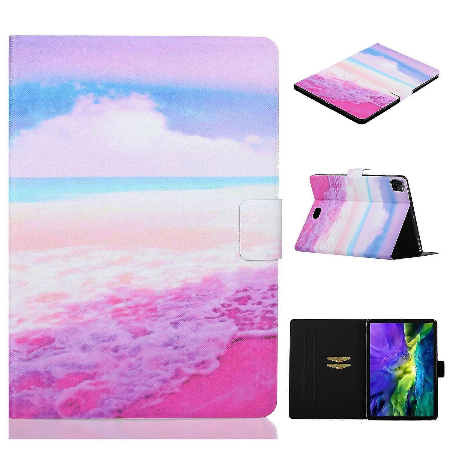 For iPad Pro 11 (2024) Case Pattern Leather Tablet Cover with Card Holder - Pink Beach