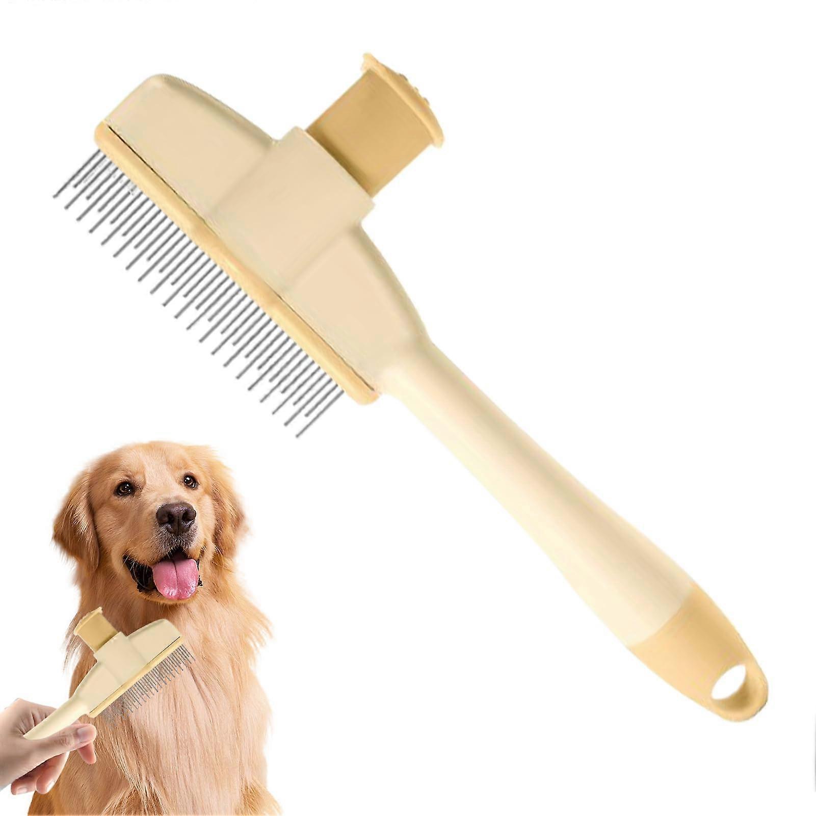 Flea Comb For Dogs, Tick Comb And Grooming Brush For Cats With Thick Coat, Yellow, Release Button, Ergonomic Design