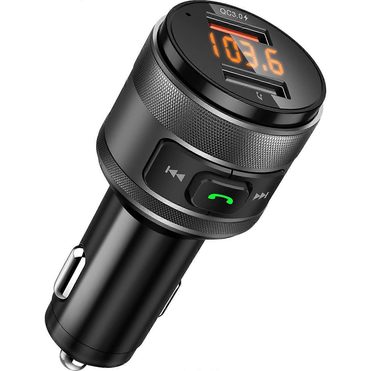 Bluetooth FM Transmitter, QC3.0 Car Radio Adapter with 2 USB Chargers Microphone (Black)