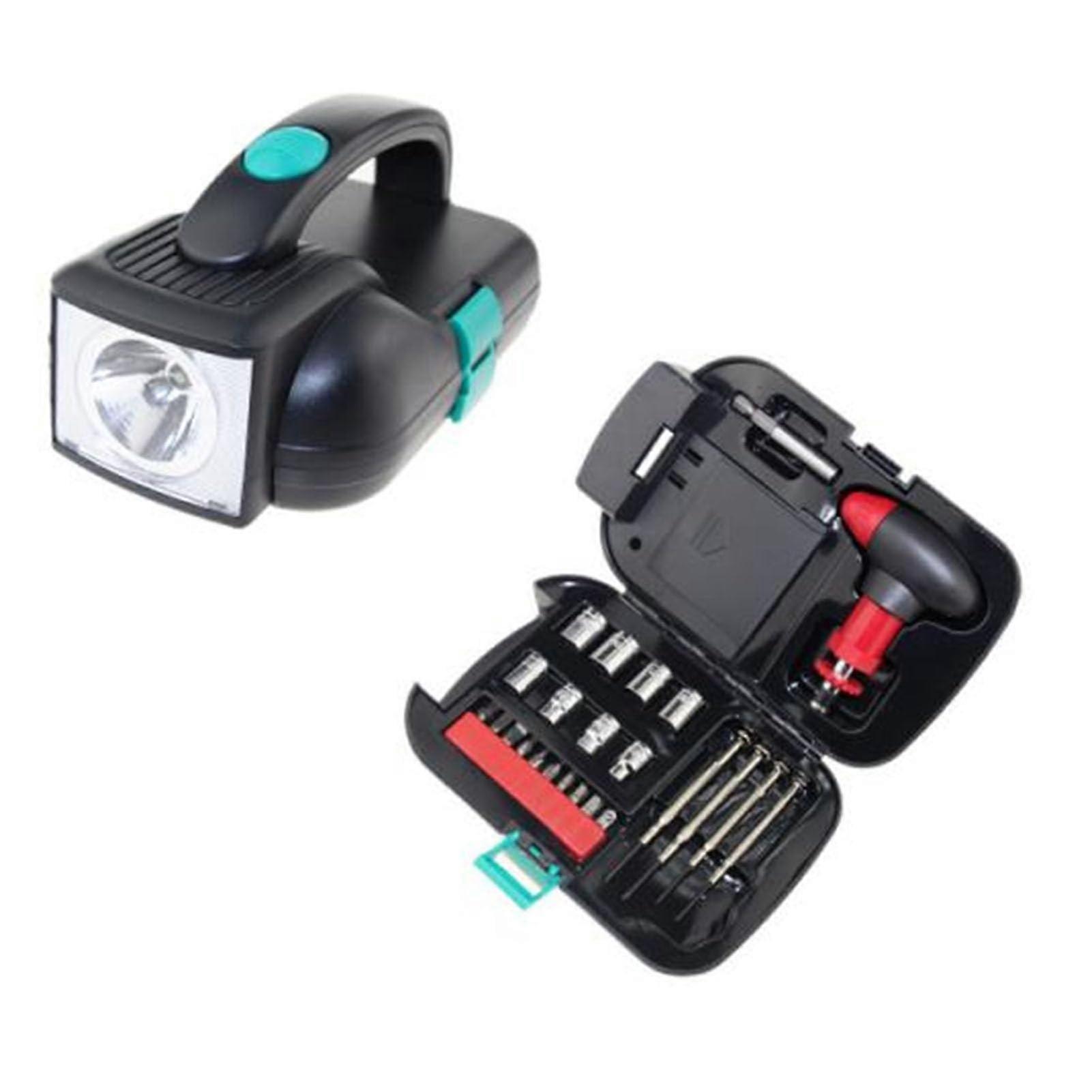 kit, 24piece tool set, flashlight, ergonomic design, portable toolbox for repairs at home, in the car, while camping, and outdoors.