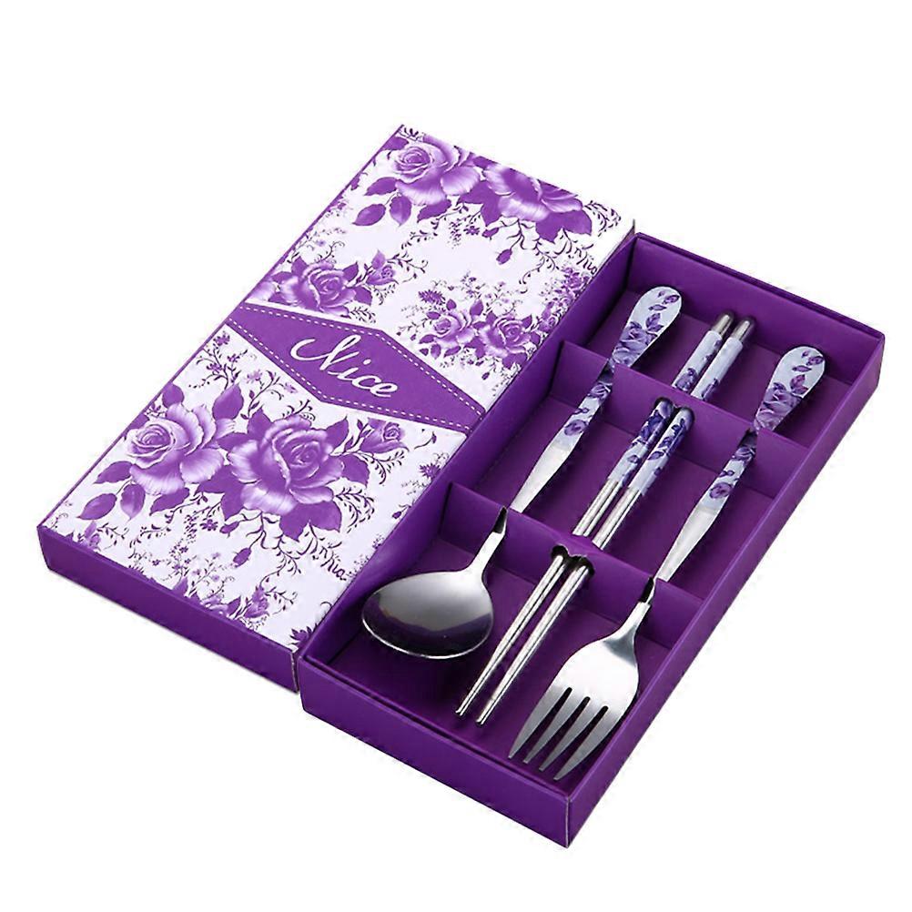Portable Stainless Steel Cutlery Set Outdoor Traveling Rust-less Easy to Clean 3Pcs Purple