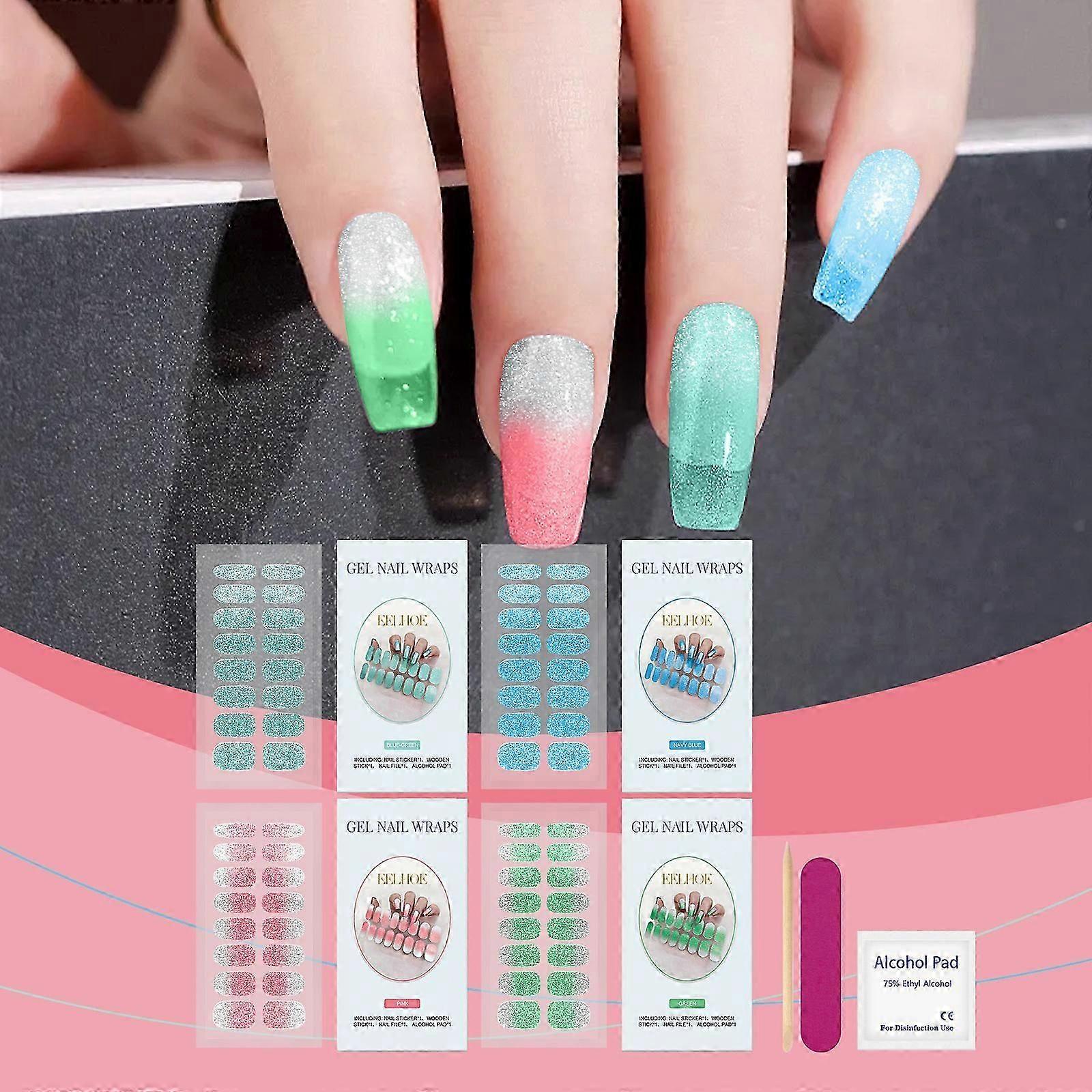 Tiras de Unhas de Gel Semi Curadas, Funciona com Qualquer Lâmpada de Unhas, Longa Duração, Fácil de Aplicar & Remover, Inclui 1 Almofadas de Preparação, Lixa de Unhas & Bastão de Madeira