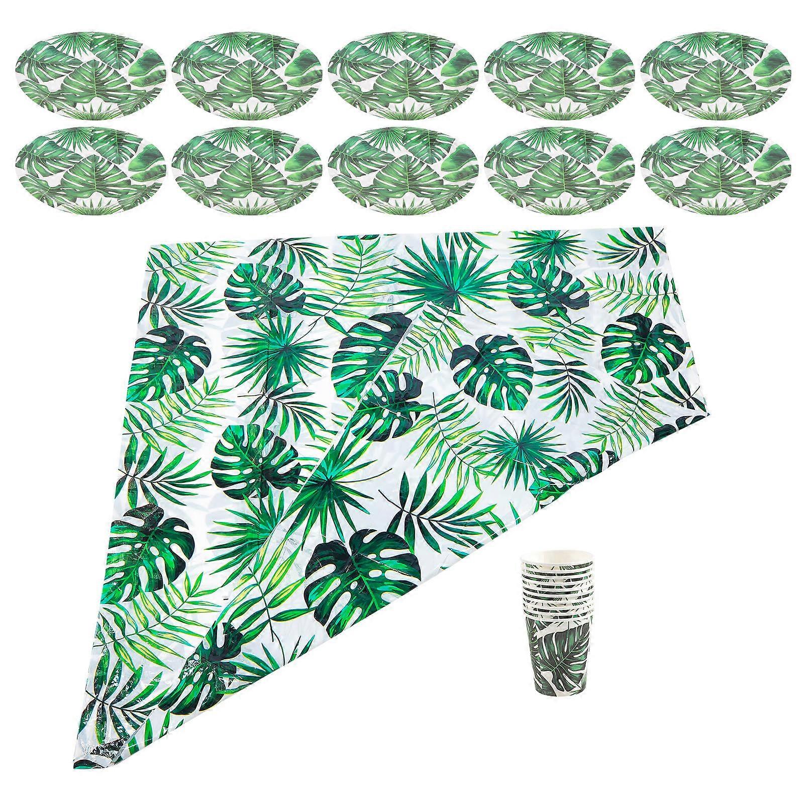 Hawaiian Party Tableware Set 1 Set Decorative Paper Plates Cups And Table Cloth Green Convenient For Hawaiian Party Events