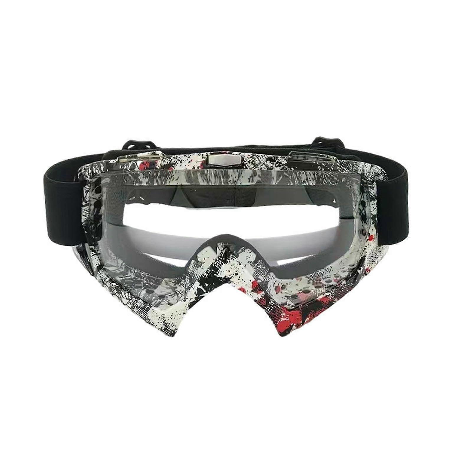 Offroad motorcycle goggles, windproof, black and white, red frame, transparent lens.
