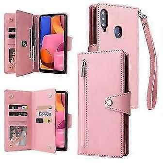 Para Samsung Galaxy A20S Fivela de Rebite 9 Cartões Capa de Couro de Três Dobras para Telefone