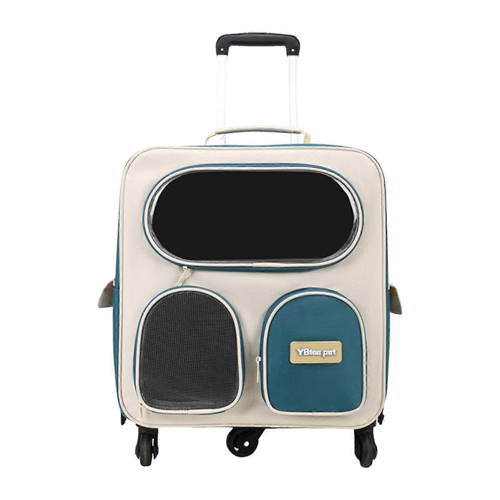 Cat Carrier Backpack with Trolley And Wheels, Nylon Material, Ergonomic Side Mesh, Foldable, Waterproof, Hands, Green Blue