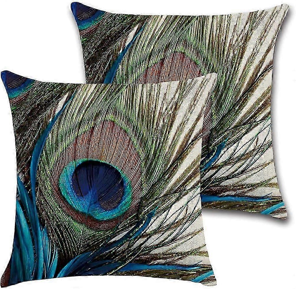 Set of 4 decorative cushion covers in cotton and linen with peacock feathers 45 x 45 cm
