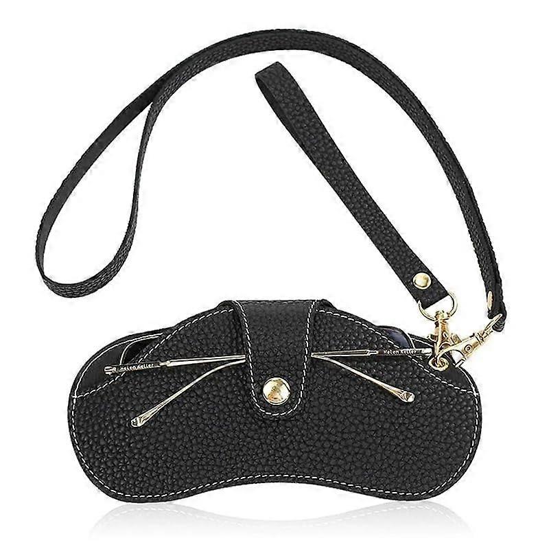 Black Soft Leather Sunglasses Bag with Strap, Portable Slim Glasses Case Holder for Men and Women, Stylish Eyewear Organizer