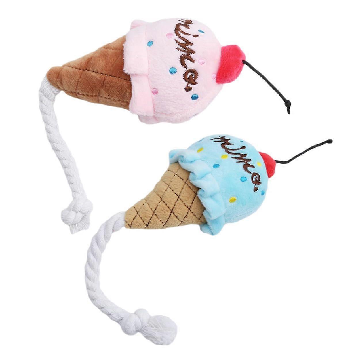 Plush Ice Cream Dog Toy 2Pack For Puppies, Soft Chewable Squeaky Plush, Blue And Pink, Tossing And Interactive Play