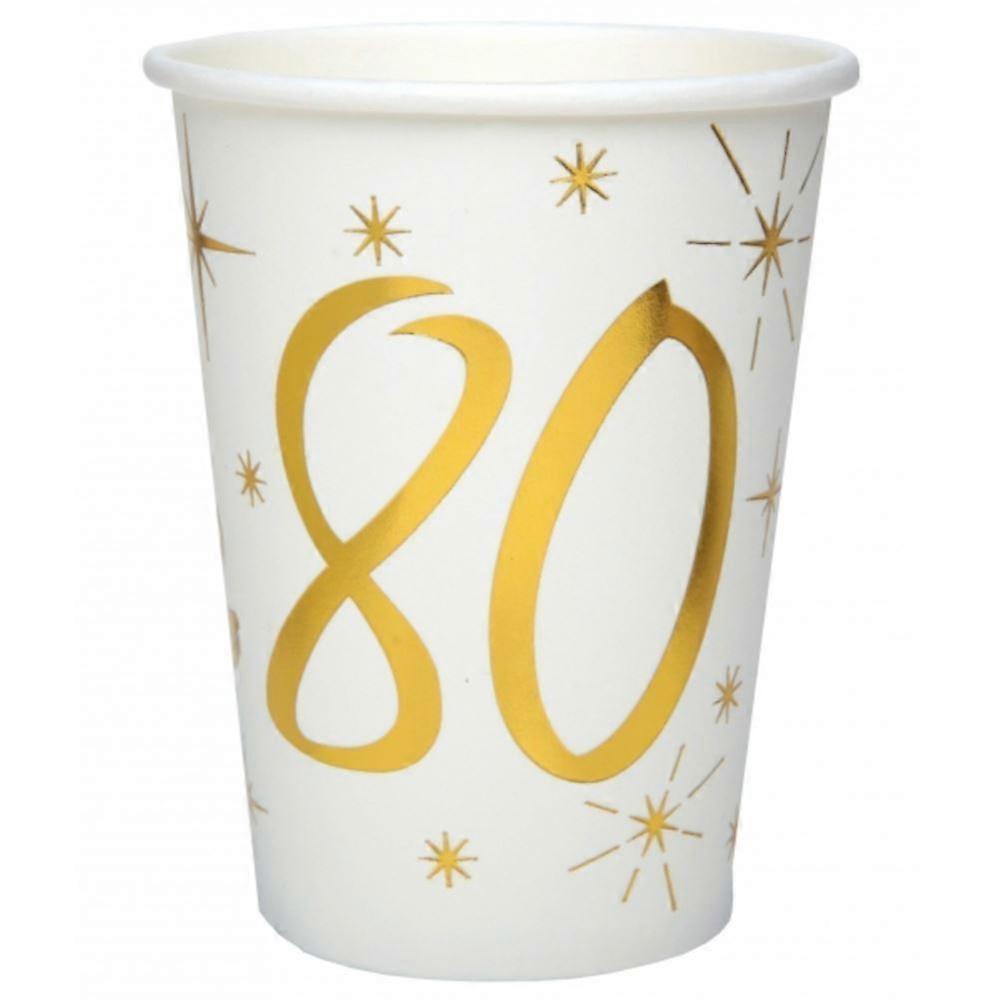 Age 80 White and Gold Paper Cups