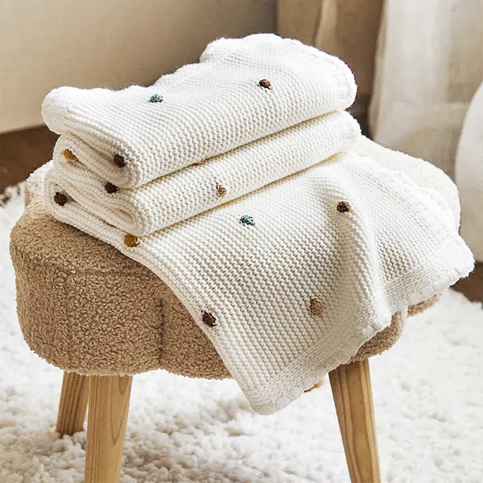 Knitted Throw Blanket Nordic Style Beige 100x70cm Soft Lightweight Coloured Dots Travel Blanket For Sofa Bed Armchair