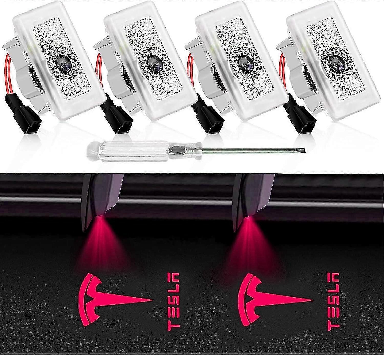 4PCS Tesla Puddle Lights Car Door Logo Projector Lights, Ultra-Bright Never Fade Welcome Courtesy Step Lights with Tool, Plug & Play (Red)-2025